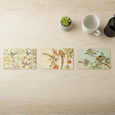 Lot de 3 cartes en bois - Illustrations Oiseaux