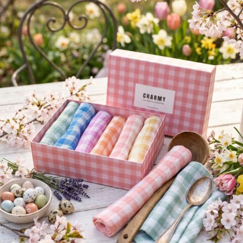 Coffret de 6 serviettes en gaze de coton vichy